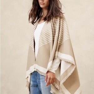 Banana Republic Factory Beige & White Striped Fringed Poncho